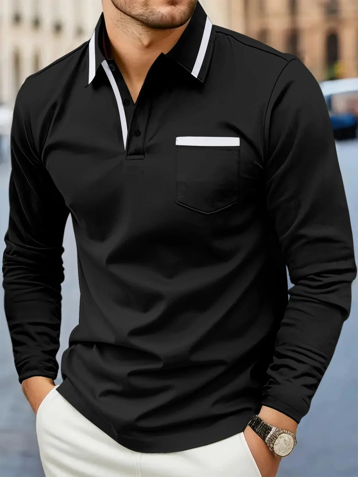 Polo Manches Longues à Col Contrastant pour Homme