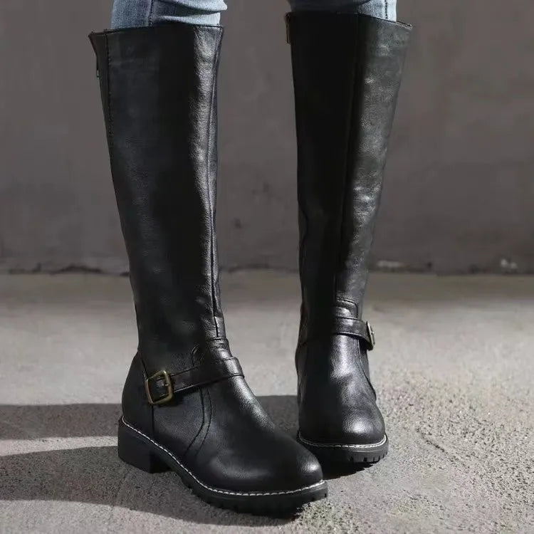 Bottes Cavalières en Cuir Synthétique à Semelle Crantée pour Femme