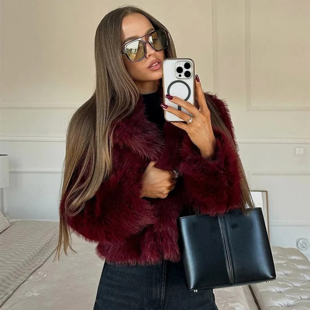 Veste d’Hiver en Fausse Fourrure Court en Rouge pour Femme