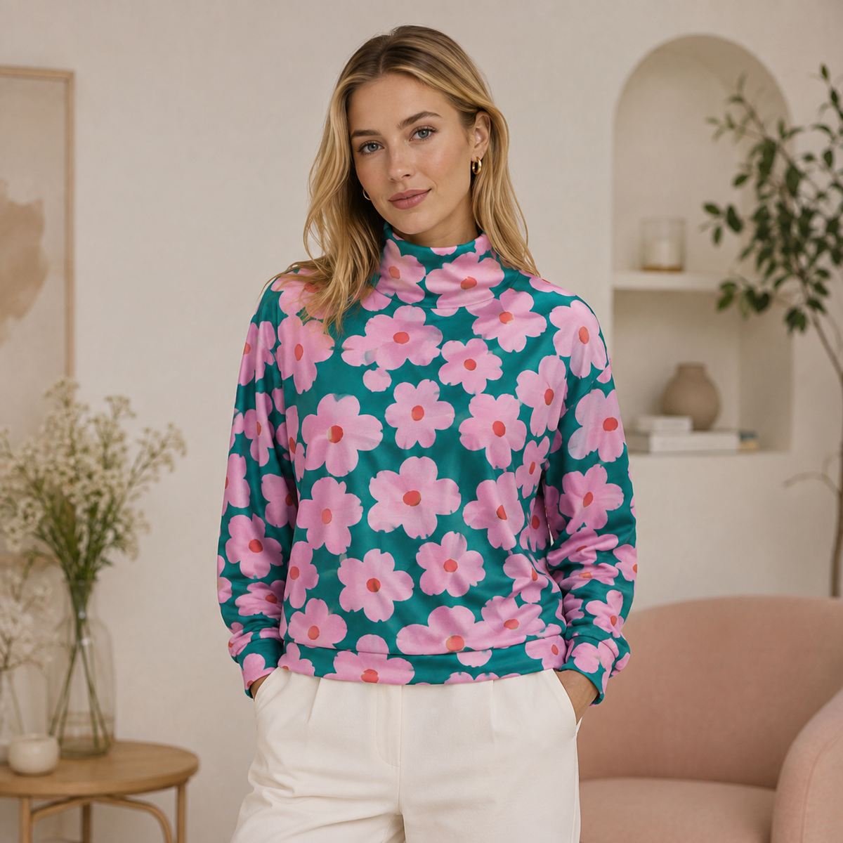Pull à Col Roulé à Motif Floral pour Femme