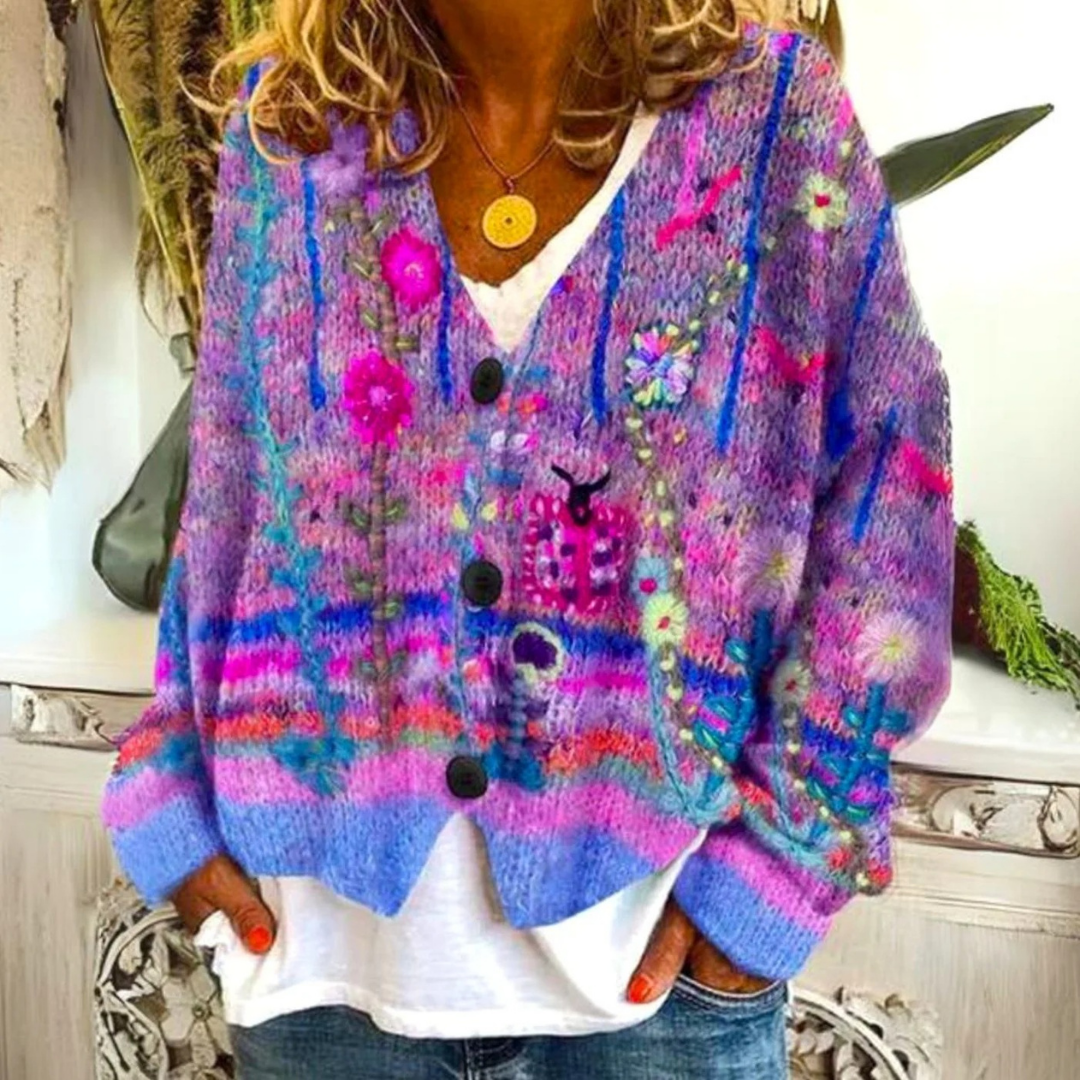 Cardigan à Col V à Motif Floral pour Femme