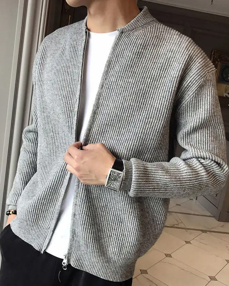 Cardigan Zippé en Maille Côtelée pour Homme