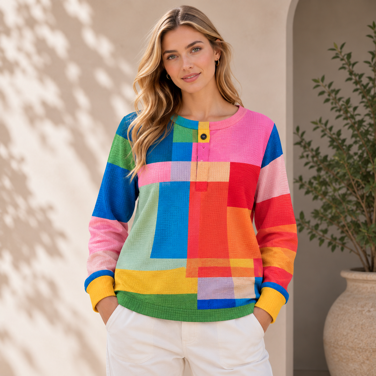 Pull en Maille Boutonné en Multicolore pour Femme