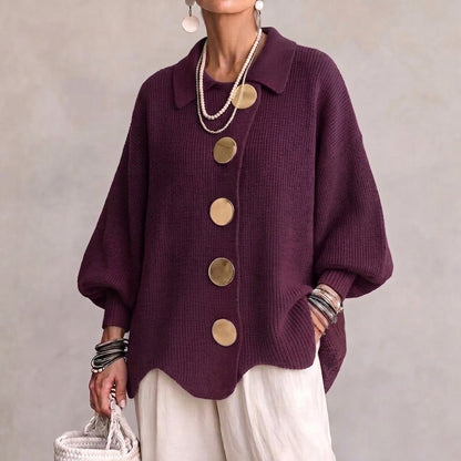 Gilet en Grosse Maille à Gros Boutons Dorés et Manches Ballon