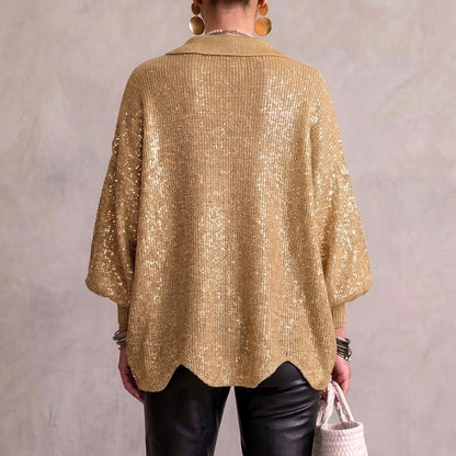 Gilet en Grosse Maille à Gros Boutons Dorés et Manches Ballon