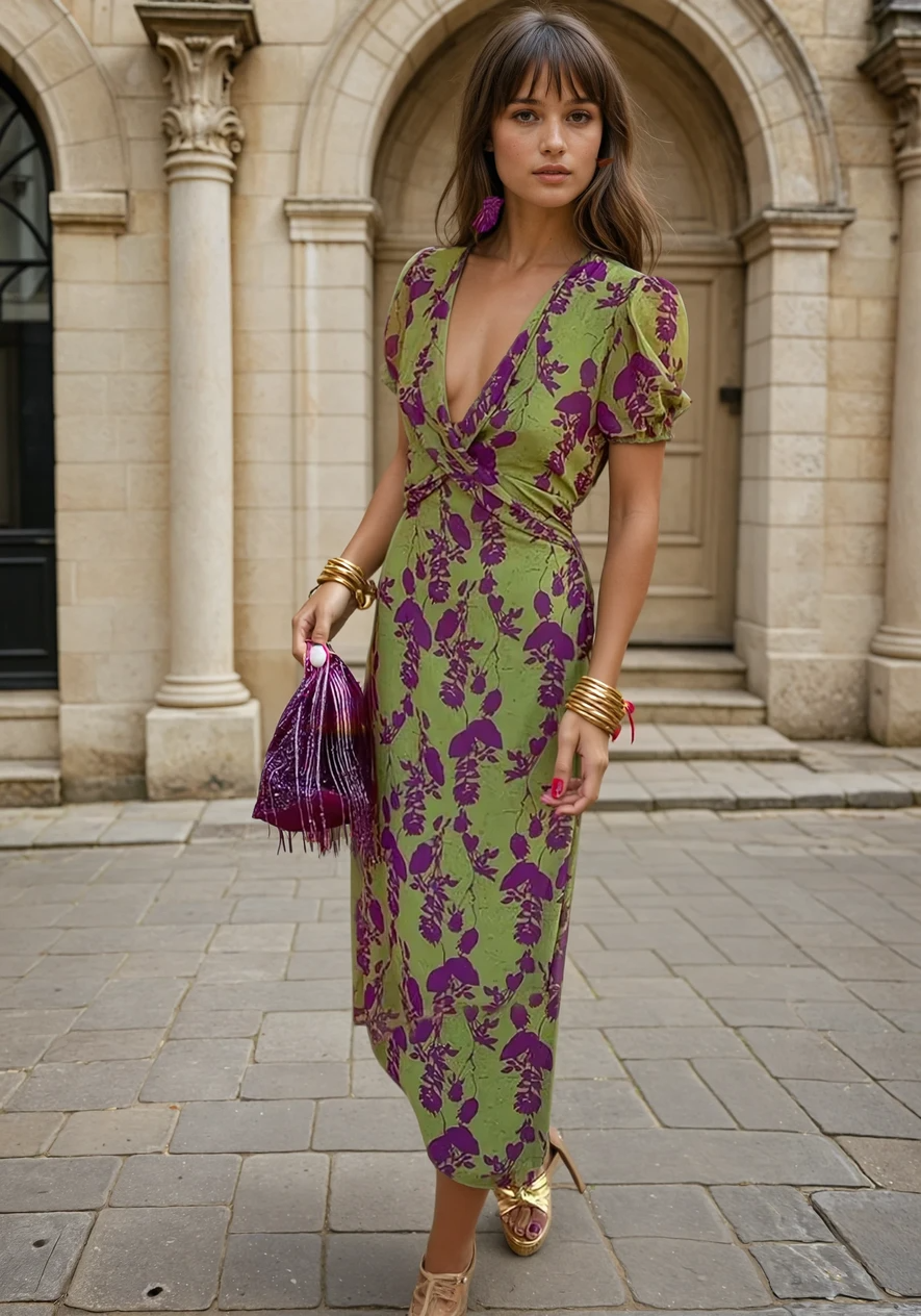 Robe Midi Croisée Florale à Col V pour Femme