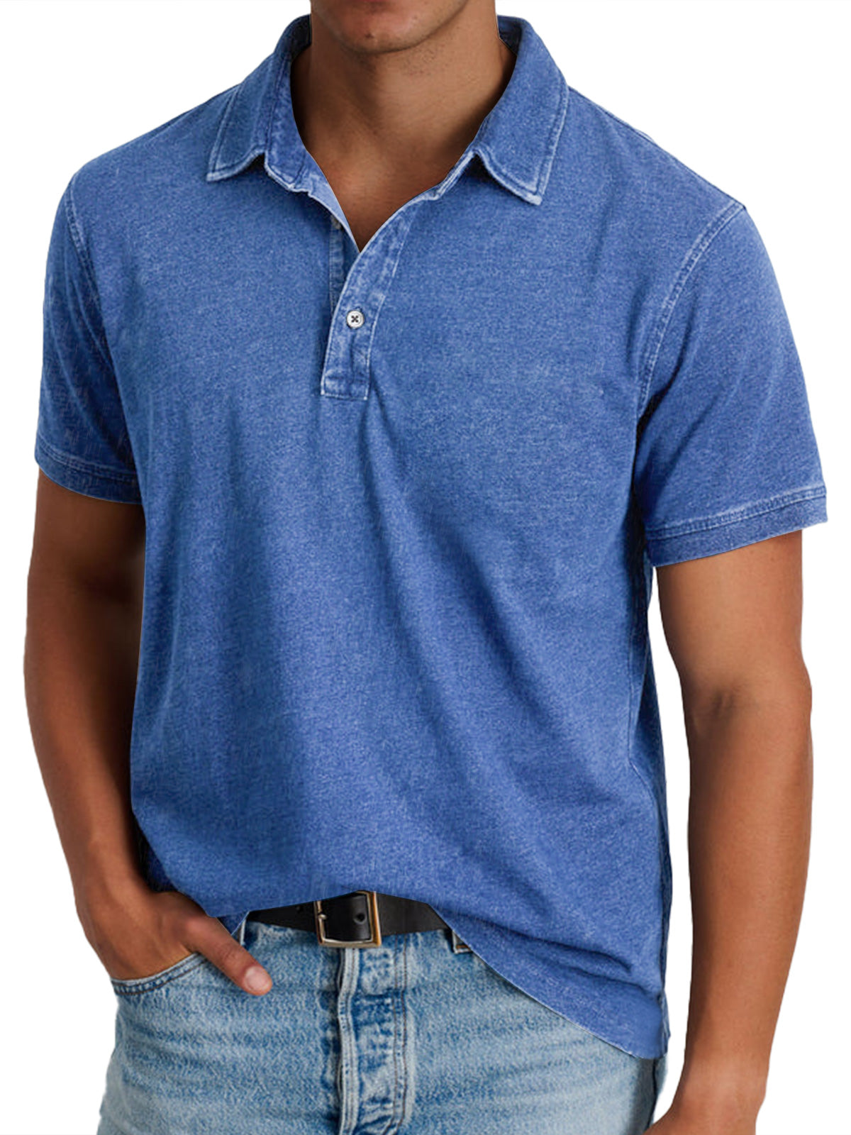 Polo en Coton pour Homme, Effet Denim Délavé