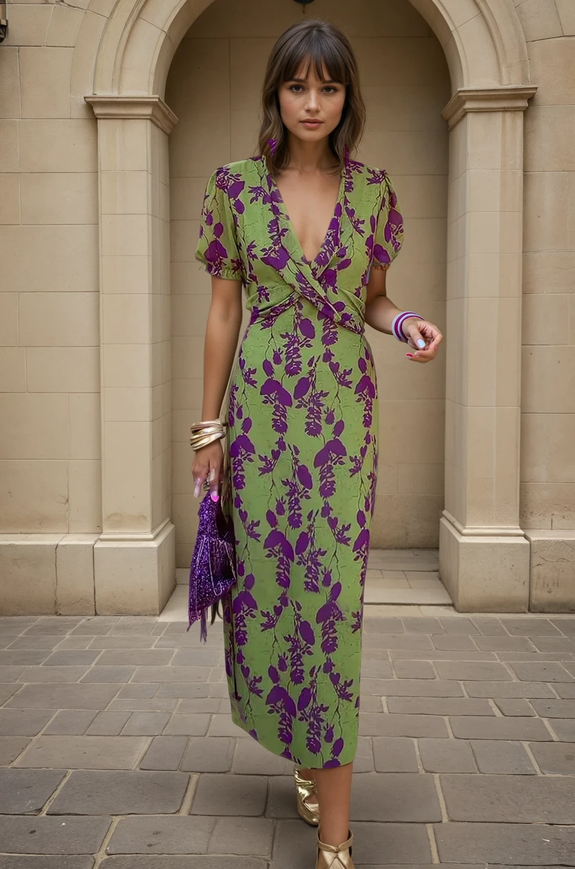 Robe Midi Croisée Florale à Col V pour Femme