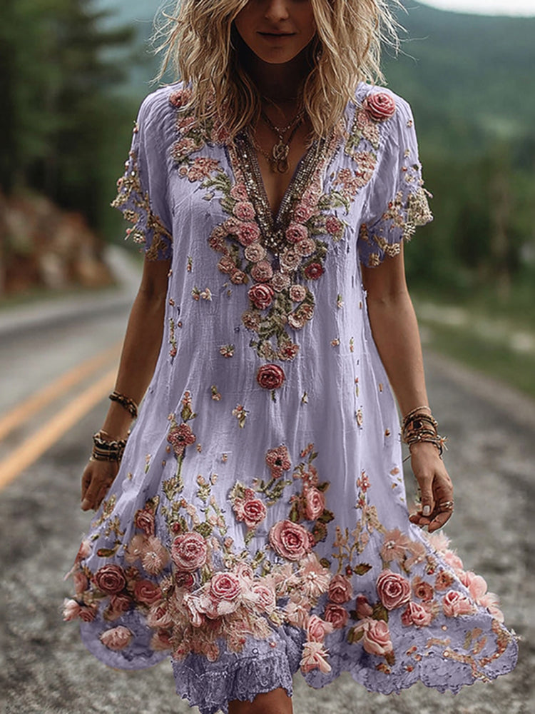 Robe à Col V et Broderie Florale pour Femme