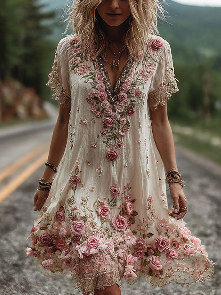 Robe à Col V et Broderie Florale pour Femme