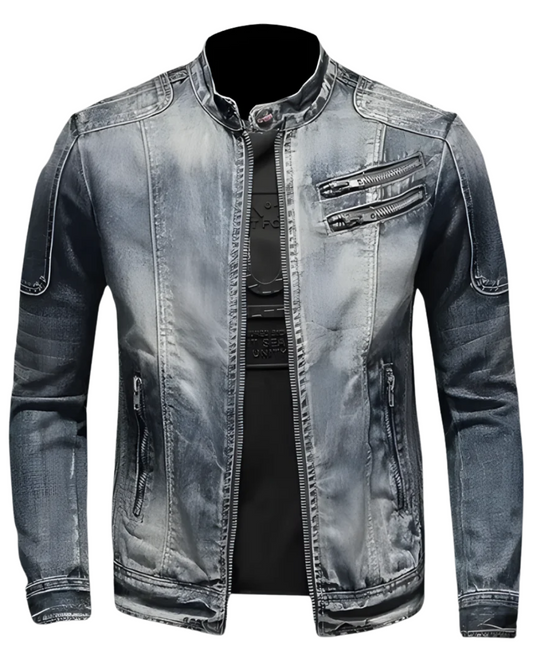Veste en Jean Délavé à Col Montant pour Homme