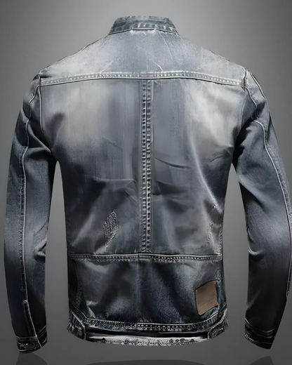 Veste en Jean Délavé à Col Montant pour Homme