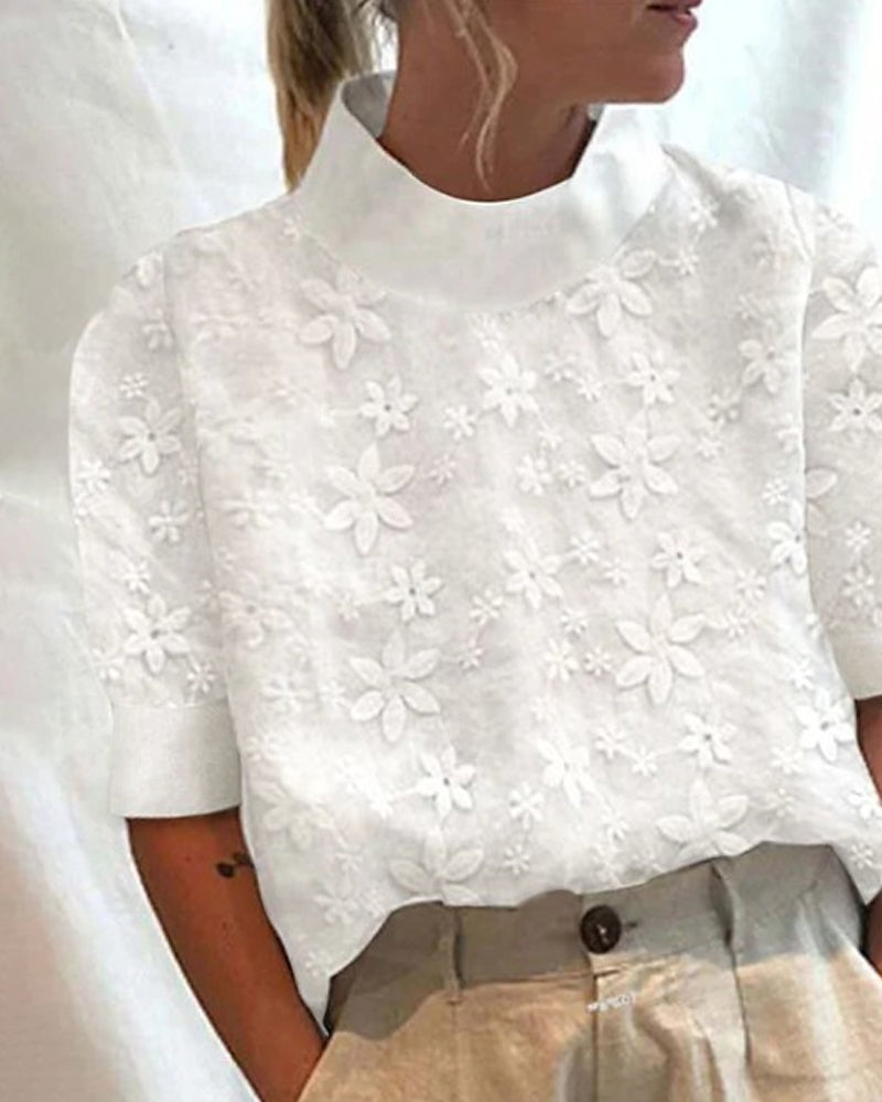 Blouse à Col Montant et Broderie Florale pour Femme