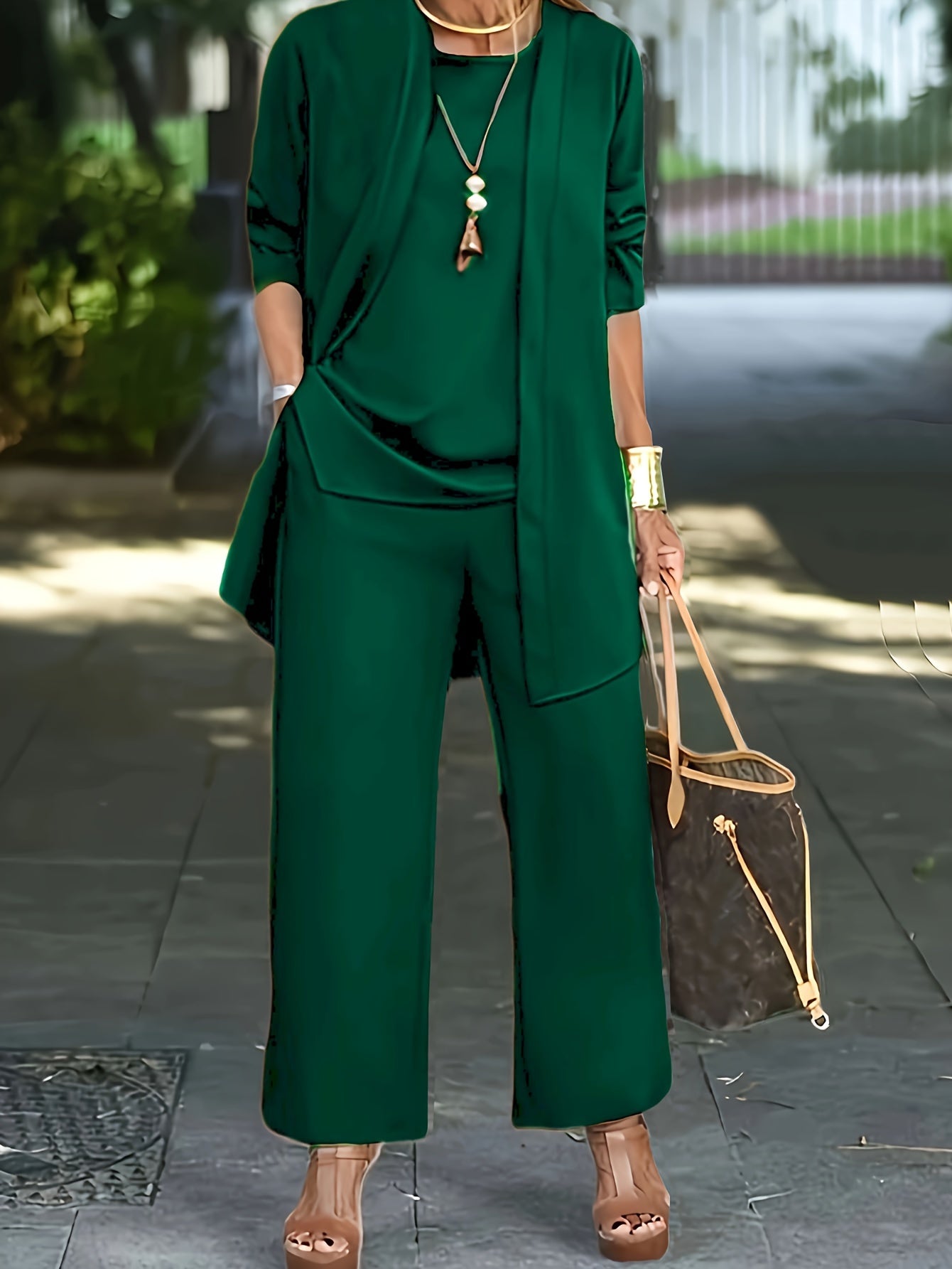 Ensemble Trois Pièces à Veste Ouverte et Pantalon Large pour Femme