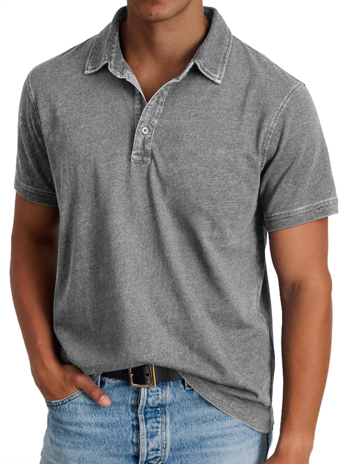Polo en Coton pour Homme, Effet Denim Délavé