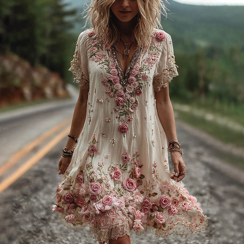 Robe à Col V et Broderie Florale pour Femme