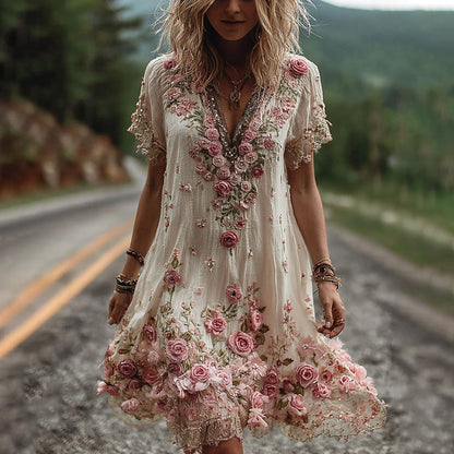 Robe à Col V et Broderie Florale pour Femme