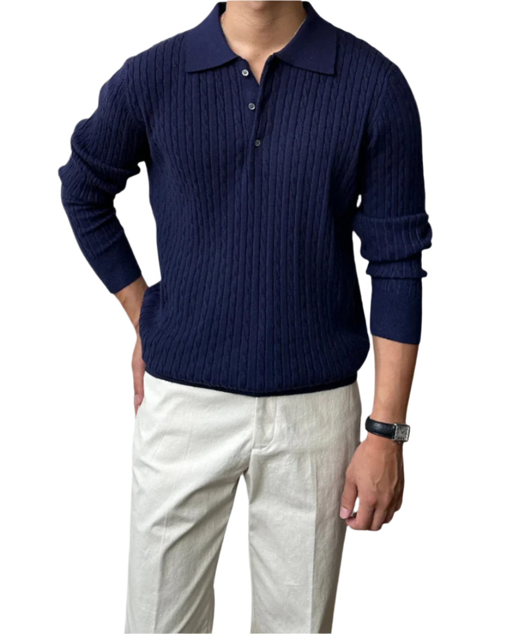 Polo Manches Longues en Maille Côtelée pour Homme