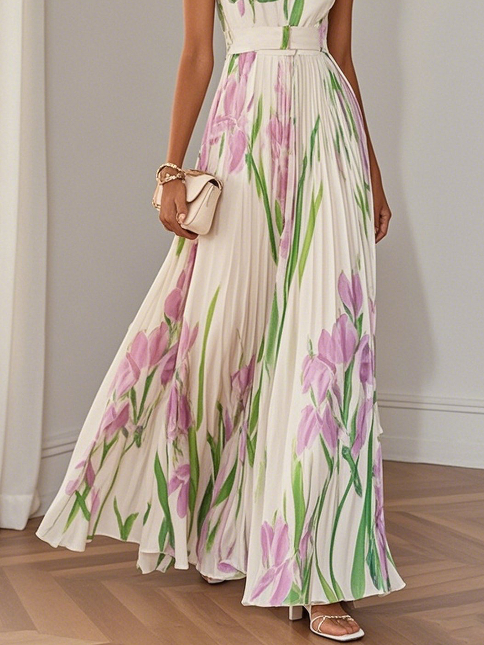 Robe Maxi Fleurie à Détails Plissés pour Femme