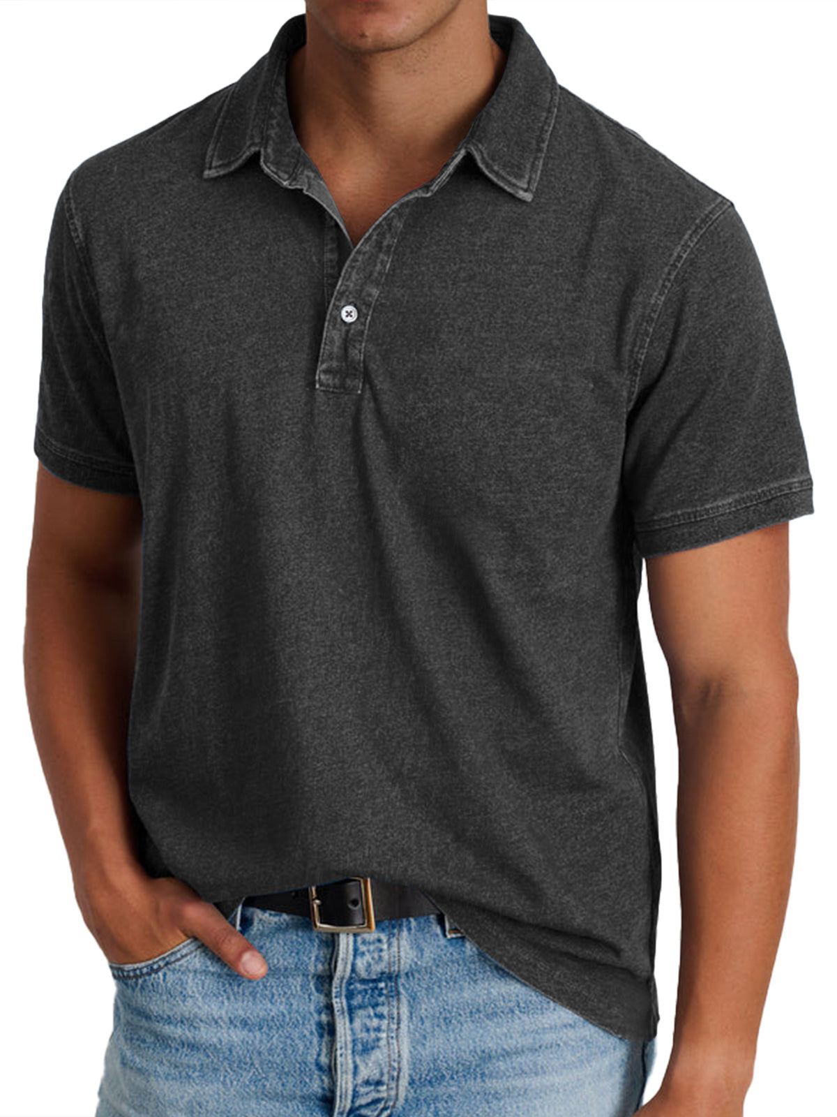 Polo en Coton pour Homme, Effet Denim Délavé