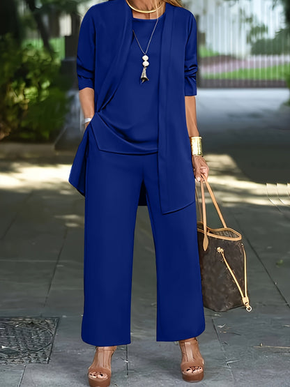 Ensemble Trois Pièces à Veste Ouverte et Pantalon Large pour Femme