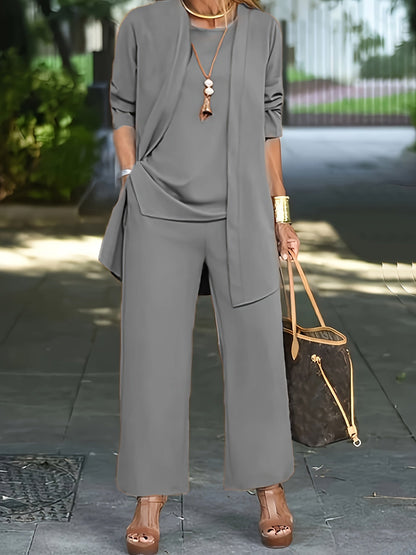 Ensemble Trois Pièces à Veste Ouverte et Pantalon Large pour Femme