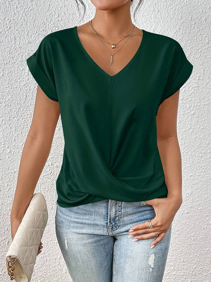 T-shirt en Coton à Col V et Manches Courtes pour Femme