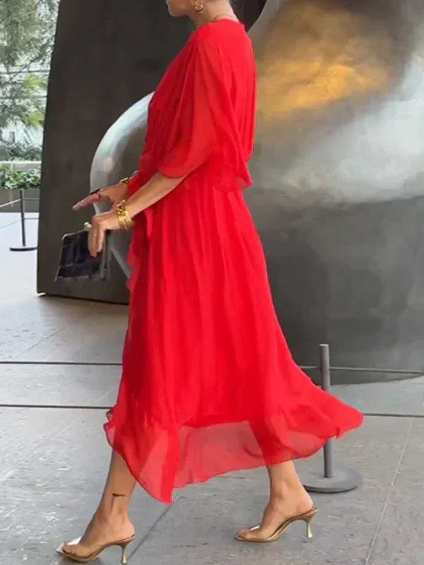 Robe Midi Portefeuille en Mousseline à Col V pour Femme