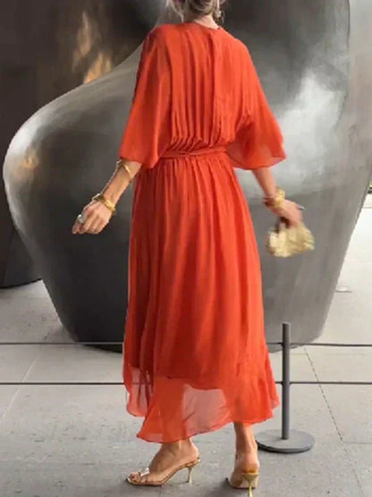 Robe Midi Portefeuille en Mousseline à Col V pour Femme