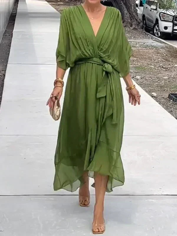 Robe Midi Portefeuille en Mousseline à Col V pour Femme