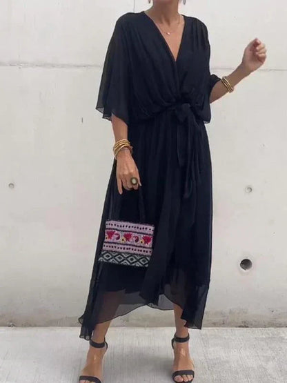Robe Midi Portefeuille en Mousseline à Col V pour Femme