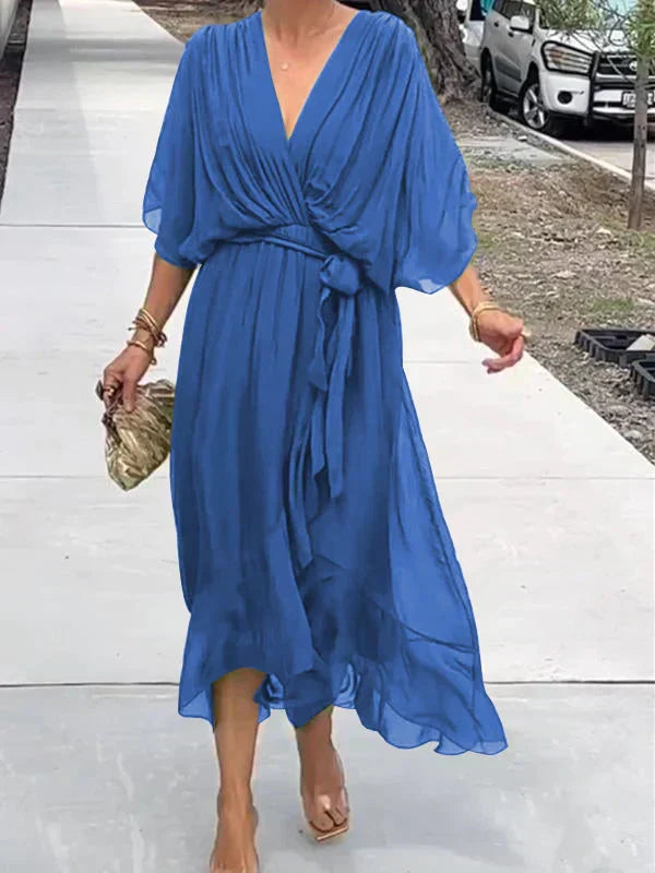 Robe Midi Portefeuille en Mousseline à Col V pour Femme