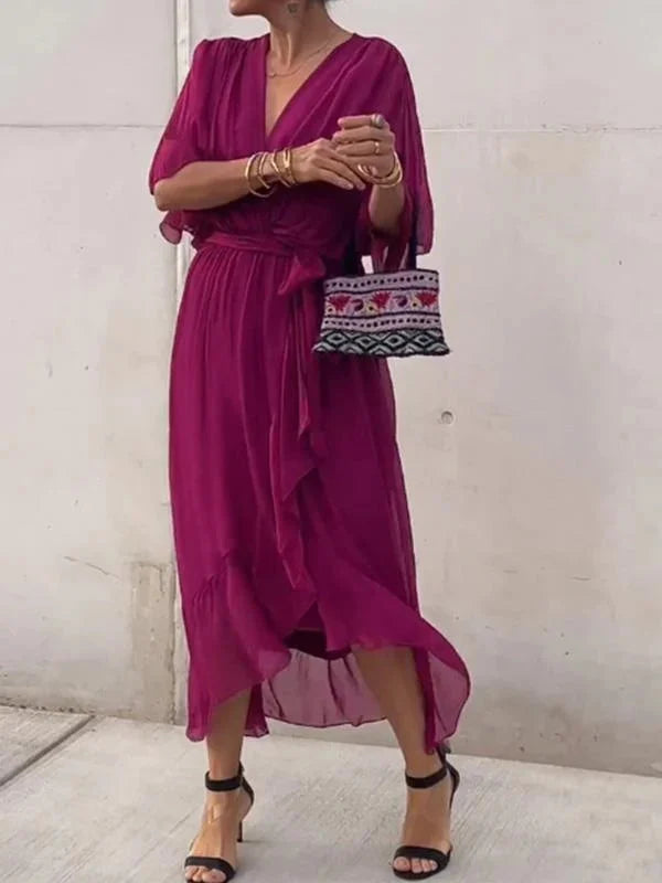 Robe Midi Portefeuille en Mousseline à Col V pour Femme