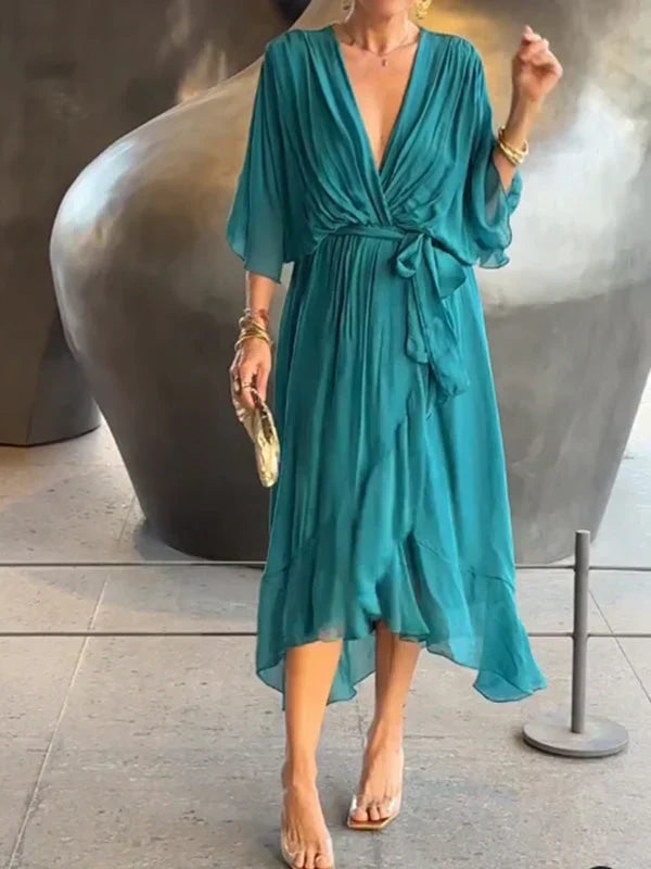 Robe Midi Portefeuille en Mousseline à Col V pour Femme