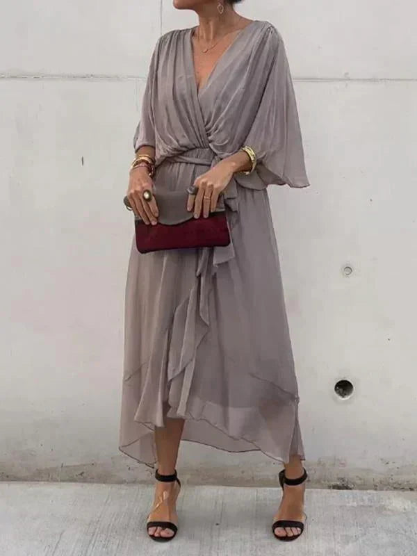 Robe Midi Portefeuille en Mousseline à Col V pour Femme