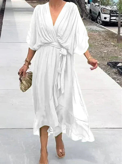 Robe Midi Portefeuille en Mousseline à Col V pour Femme