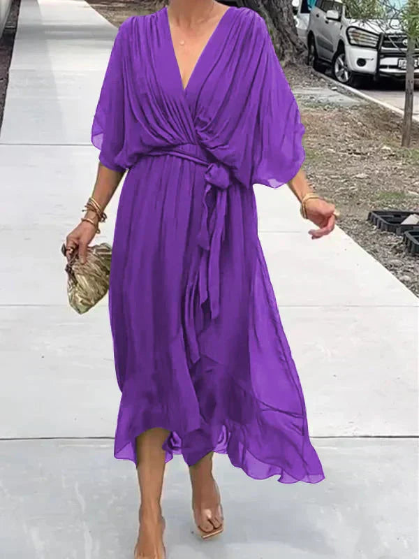 Robe Midi Portefeuille en Mousseline à Col V pour Femme