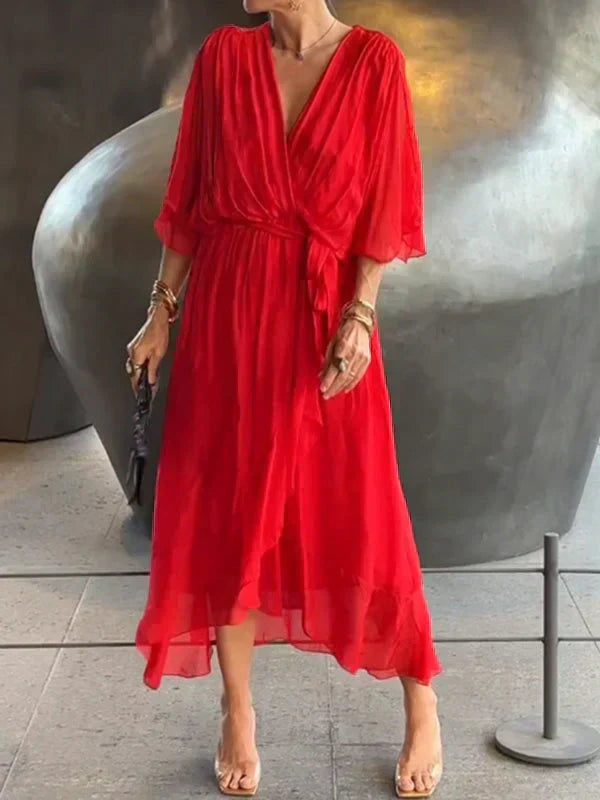 Robe Midi Portefeuille en Mousseline à Col V pour Femme