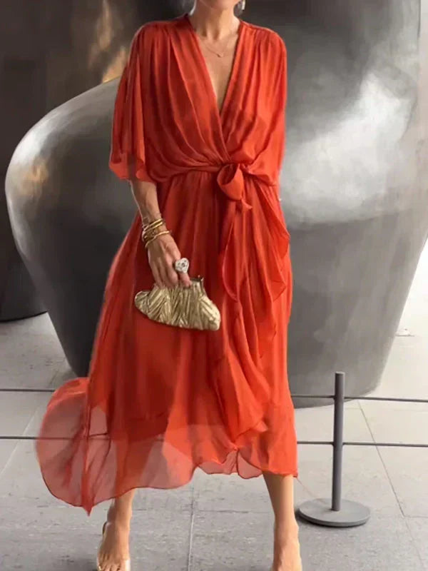 Robe Midi Portefeuille en Mousseline à Col V pour Femme