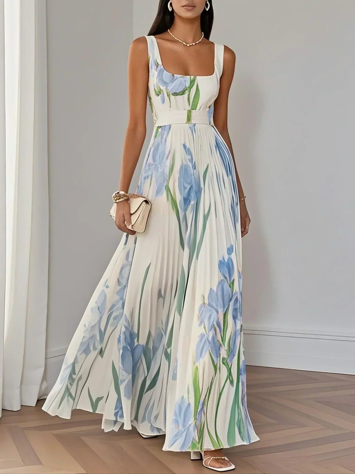 Robe Maxi Fleurie à Détails Plissés pour Femme