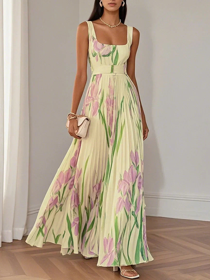 Robe Maxi Fleurie à Détails Plissés pour Femme