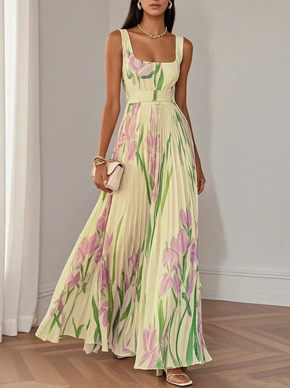 Robe Maxi Fleurie à Détails Plissés pour Femme