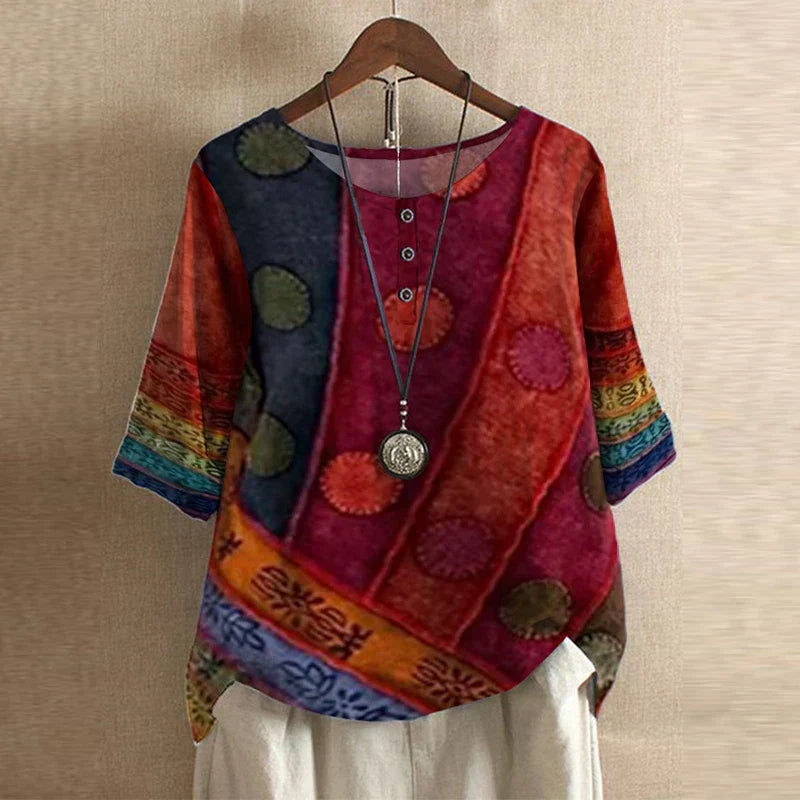 Blouse Vintage Florale à Manches 3/4 pour Femme