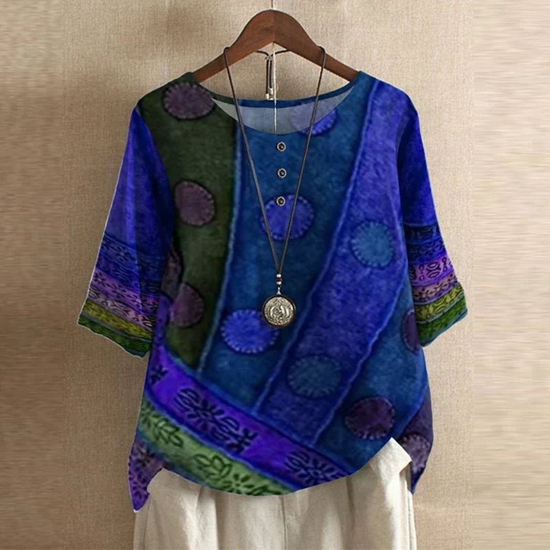 Blouse Vintage Florale à Manches 3/4 pour Femme