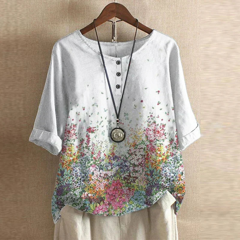 Blouse Vintage Florale à Manches 3/4 pour Femme