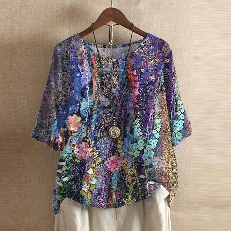 Blouse Vintage Florale à Manches 3/4 pour Femme