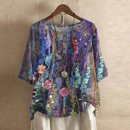 Blouse Vintage Florale à Manches 3/4 pour Femme