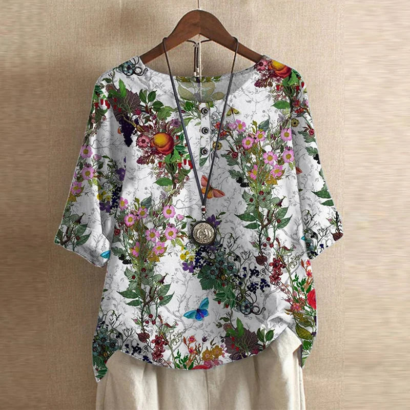 Blouse Vintage Florale à Manches 3/4 pour Femme