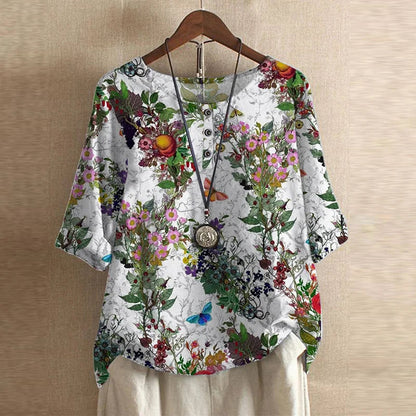 Blouse Vintage Florale à Manches 3/4 pour Femme