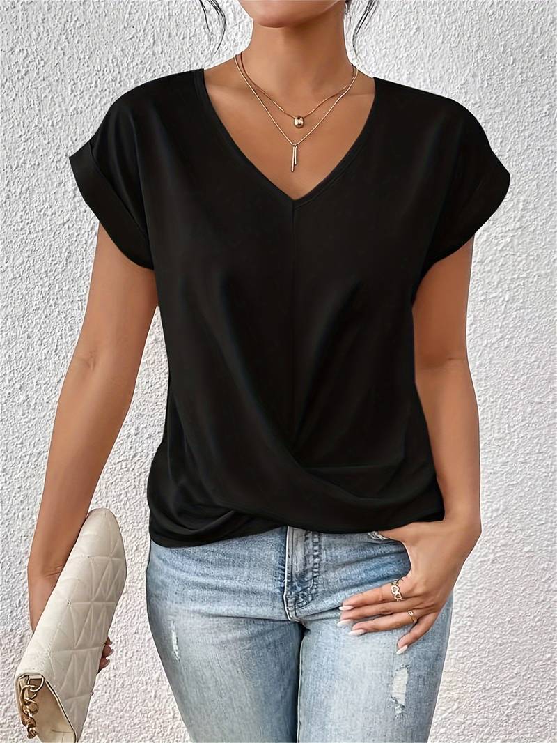 T-shirt en Coton à Col V et Manches Courtes pour Femme